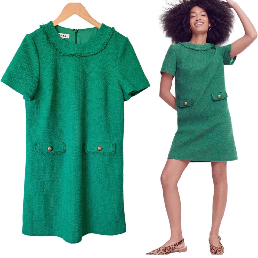 BODEN Evita Shift Dress Size 8 Hunter Green Tweed Short Sleeve Mini Office $220